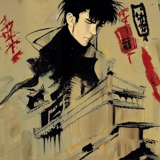 Image similar to a portrait of corto maltese dreaming about the forbidden city of valparaiso and the tango dancer he met there, oil on canvas by dave mckean and yoji shinkawa