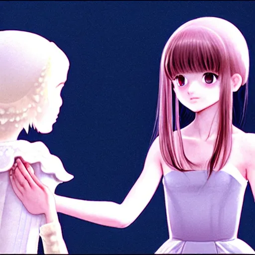Image similar to IMAX film still of a portrait of a morbid 18 year old young woman wearing a dress of the soft aesthetic with wavy long hair, queen of sharp razorblades holds a single small sharp blade or a razor her hand and shows it to the user, by Range Murata, Katsuhiro Otomo, Yoshitaka Amano.