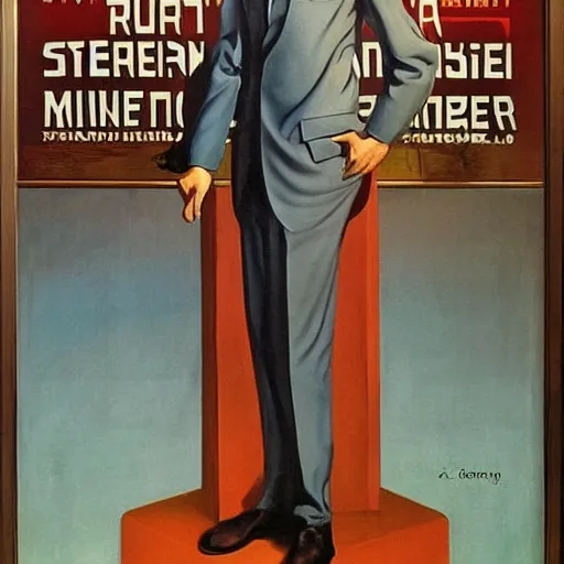 Image similar to surrealist painting of robert mueller!!! standing with folded arms, czech movie poster by j. c. leyendecker and diego rivera