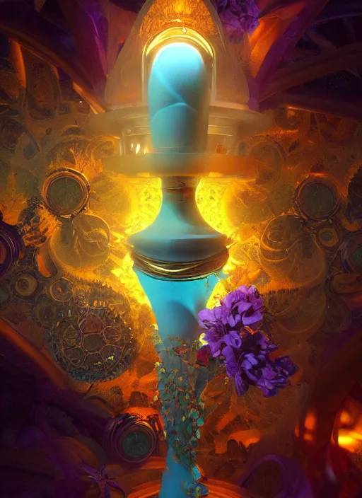 Image similar to flowers within the whole infinite capsule apparent with awe the apparition, an idea seep's into infinity highly detailed in volumetric latent space, golden turquoise steampunk, high contrast cinematic light, mystical shadows, sharp focus, divine realm of gods, octane render, artist by boris vallejo,