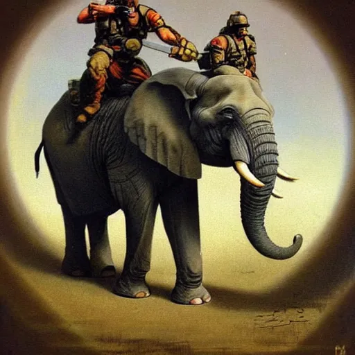 Prompt: an elephant in tactical gear in a frazetta painting