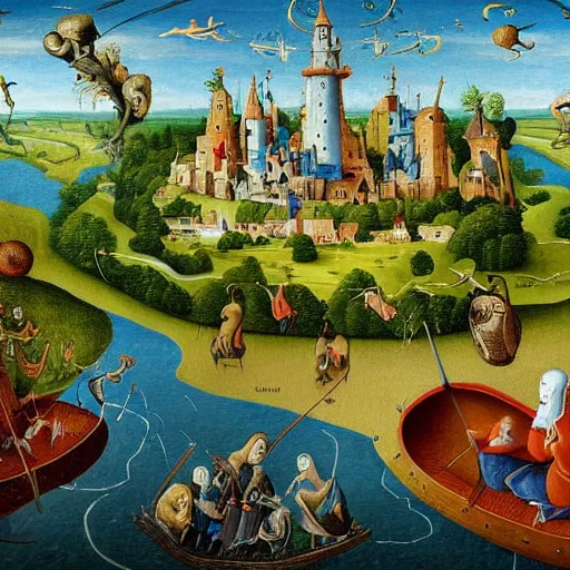 Image similar to An intricate, extremely detailed painting in a style of Hieronim Bosch featuring a river in Europe, surrounded by trees and fields. A dinghy is slowly moving through the water. Sun is shining.