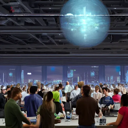 Image similar to large group people in a huge warehouse, looking at hologram of futuristic city on a table | cinematic concept art | godrays | 4 k | clear details | tabletop | tabletop | hologram foreground