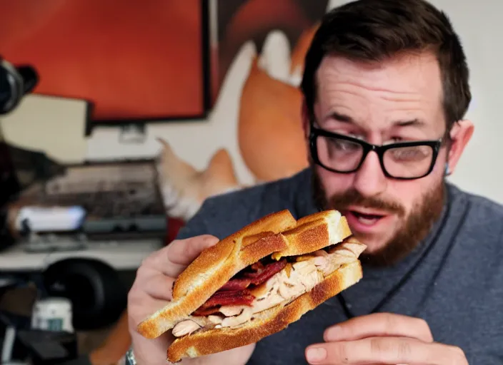 Prompt: Detrans man eating a chicken and bacon sandwich in a studio ghbli style