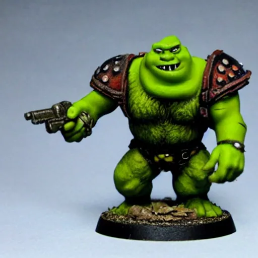 Prompt: Ork Shrek, painted warhammer 40k miniature