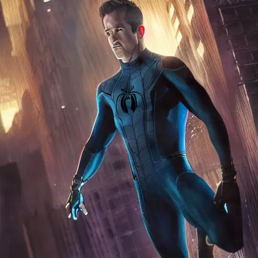 Image similar to ryan reynolds as spider - man, wearing a black and blue suit, cinematic, volumetric lighting, f 8 aperture, cinematic eastman 5 3 8 4 film, photorealistic by greg rutkowski, by stanley artgerm, by alphonse mucha