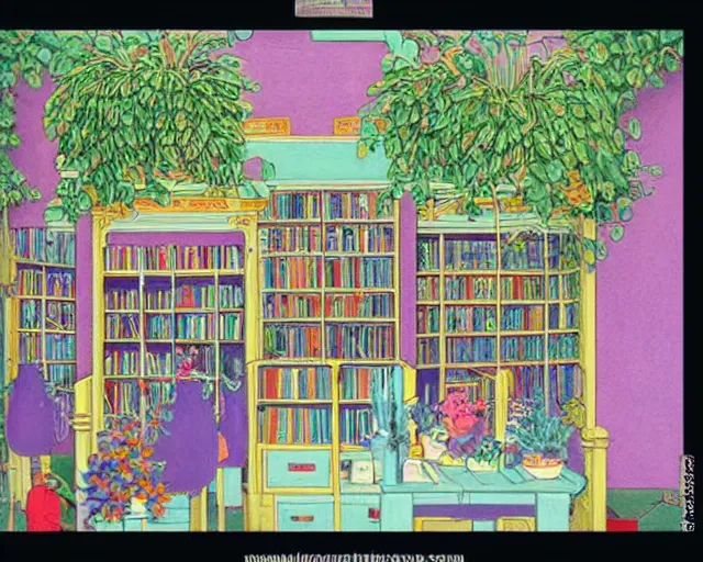 Image similar to bookstore filled with plants and cute monsters detailed pastel painting in the style of george barbier