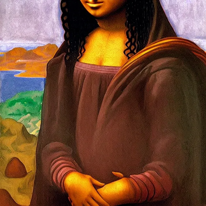 Image similar to an Afro American girl as Mona Lisa by Jacob Lawrence