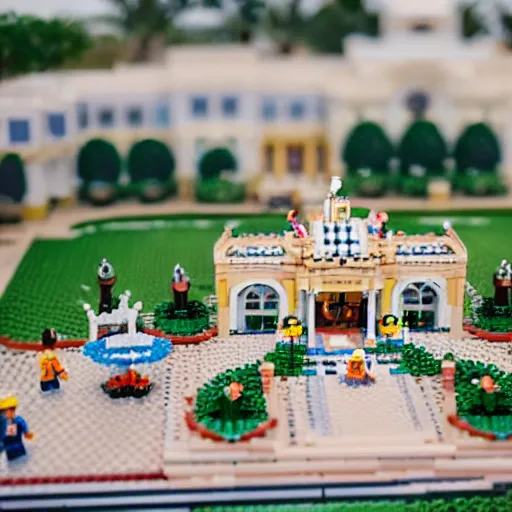 Prompt: mar - a - lago lego set, with fbi lego people, realistic shot canon tilt shift photography