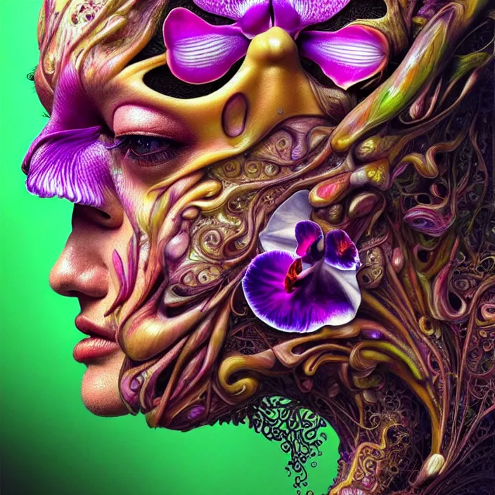 Image similar to psychedelic face made of orchid, diffuse lighting, fantasy, intricate, elegant, highly detailed, lifelike, photorealistic, digital painting, artstation, illustration, concept art, smooth, sharp focus, art by Giuseppe Arcimboldo