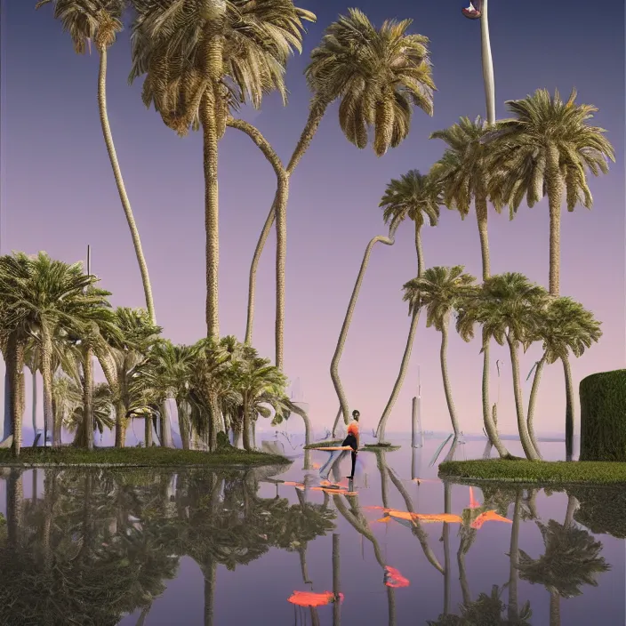 Prompt: hyperrealistic geometric objects in a surreal minimalistic 8 0's dreamscape environment by salvador dali, enormous chrome man, highly detailed, 3 d render, octane, beautiful lighting, photorealistic, intricate, elegant, wayne barlowe, water, mirrors, pink doorway, beautiful, masterpiece, trending on artstation, artgerm, checkered floor, palm tree