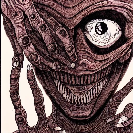 Image similar to a dark brown humanoid, hyper detailed, in the style of junji ito and and junji ito and junji ito, selfie