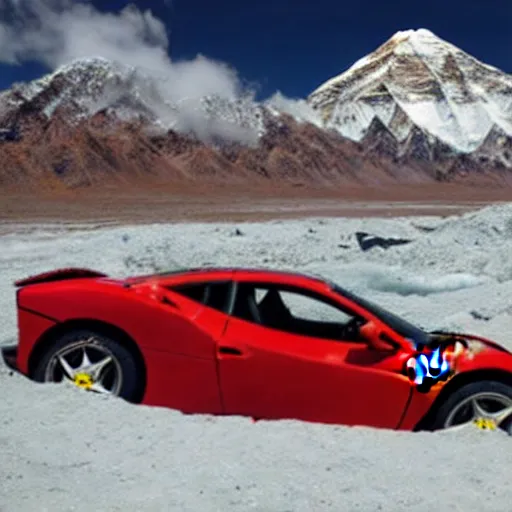 Image similar to crashed ferrari, 3 model lines on top of mount everest