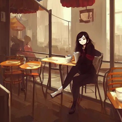 Image similar to woman sitting in a cafe in China, digital art by guweiz, trending on artstation, featured on Pixiv