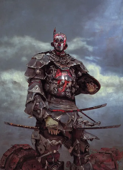 Image similar to portrait of a diabolical cyborg clown samurai, torn cape, adaptive armor, dynamic pose, heavy eyes to the side, ancient ruins, glowing veins subsurface scattering, in clouds, sunset, portrait, by gerald brom, by mikhail vrubel, by peter elson, muted colors, extreme detail, reflections, trending on artstation, 8 k