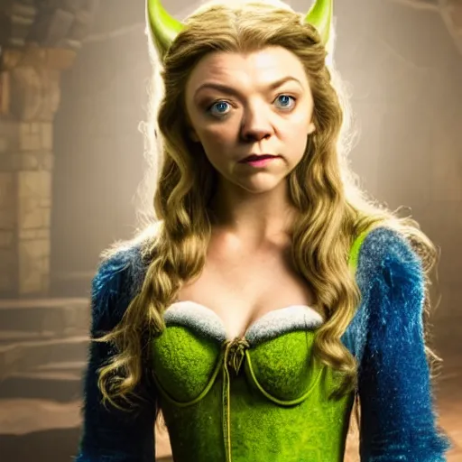 Image similar to Natalie Dormer as Shrek, studio lighting, set in fiery Mount Mordor