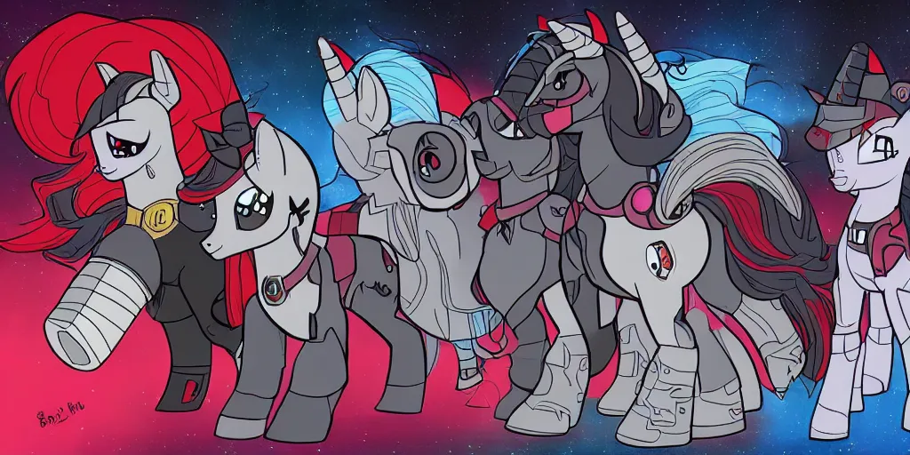 Image similar to Fallout Equestria Project Horizons | Blackjack Character Concept Art | White MLP Unicorn Mare with red and black shaggy hair, and bright, robotic eyes. | Cutie Mark is: Ace and Queen of Spades | Trending on ArtStation, Digital Art, MLP Fanart, Fallout Fanart