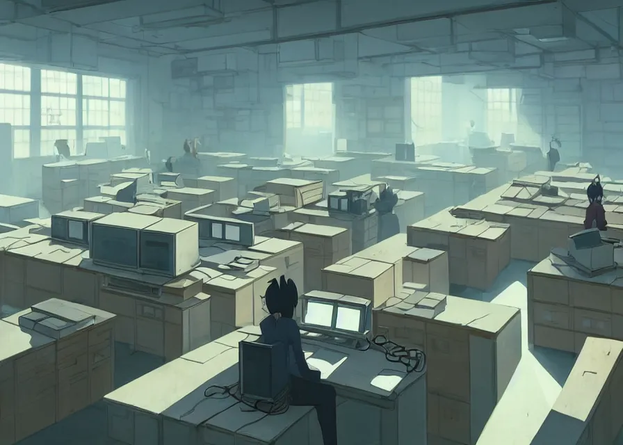 Image similar to an interior room with old pc computers stacked on the walls and people sitting at desks, makoto shinkai, dusty, matte painting