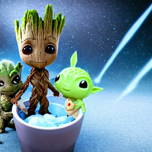 Prompt: The cutest baby Groot and baby Yoda eating ice cream. In the ice cream scoop there is Pokemon Pikachu, very detailed, fun background, octane rendering, unreal engine, 4k