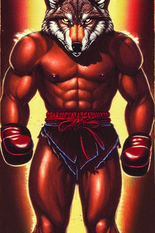 Image similar to extreme long shot. 8 bit nes graphics. antropomorphic muscular masculine wolf. kickboxer fighter, in shorts. wolf head. fine details, very sharp, art from nes game cartridge, 8 0's, vhs artefacts, vaporwave style, marc simonetti and hermann nitsch. contra