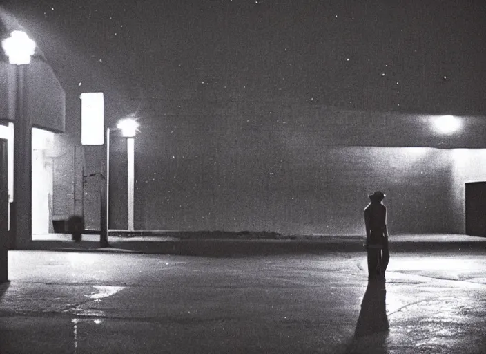 Prompt: glowing figures and a building seen from a dark parking lot in los angeles at night. 1 9 9 0 urban photography