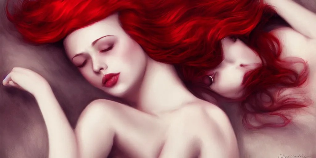 Prompt: A beautiful woman with red hair, mouth slightly open, boudoir scene by Charlie Bowater