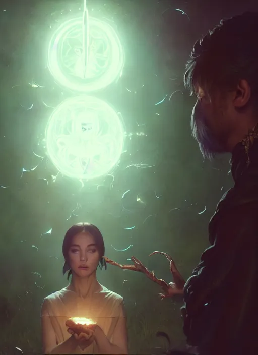 Prompt: highly detailed vfx portrait of a sorceress casting a spell of light and darkness, unreal engine, greg rutkowski, only, once, beeple, makoto shinkai and louis van baerle, ilya kuvshinov, rossdraws, tom bagshaw, alphonse mucha, global lighting, detailed and complex environment