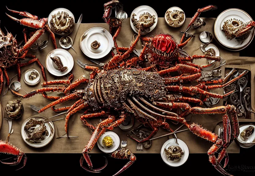 Prompt: an opulent banquet of food on a table covered with spiny metallic cyborg king crabs and slimy metallic cyborg conches and spiny metallic cyborg earthworms and huge animal skulls. biomechanical giger ’ s xenomorph. the thing. the blob. reclaimed lumber, detailed and intricate environment, hyperrealism, food photography, rembrandt