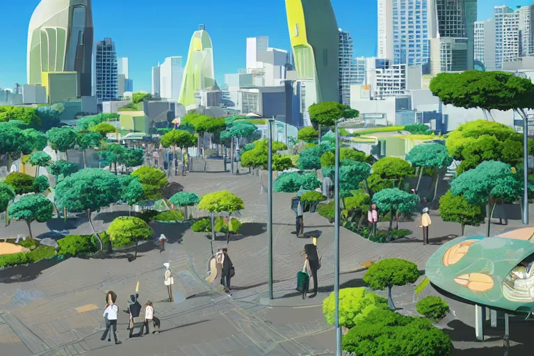 Image similar to an optimistic futuristic west australian city street with a pop cannabis leaf motif, by studio ghibli