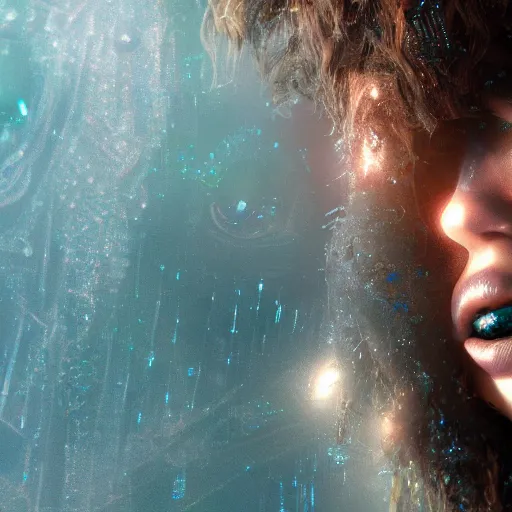 Image similar to beautiful pragmatic face, crystal, platinum, copper, verdigris, biomechanoid with incredible iridescent pearlescent fiberoptic hair, crystalline masterpiece implants, hyperdetailed face, elegant pose, movie still, intricate, octane render, cinematic forest lighting, unreal engine, dieselpunk background setting, crepuscular rays, god rays.