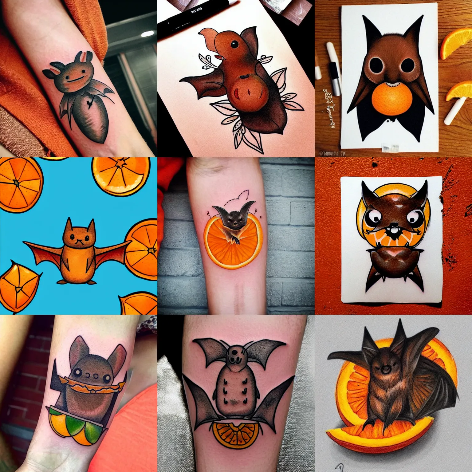 Prompt: cute tattoo brown bat eating an orange, neotraditional modern, instagram highlights, flash sheet, colorful