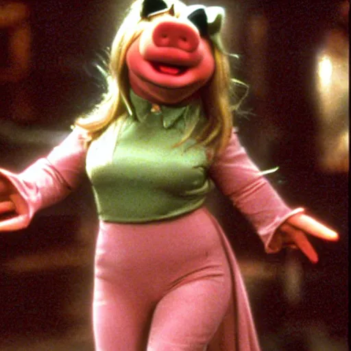 Prompt: Miss Piggy as Trinity in The Matrix (1999) action bullet time, leather outfit, explosions scene from movie