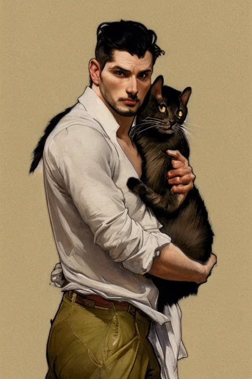 Image similar to full body portrait of a single beautiful young fit man, modern haircut, open shirt, large pants, holding a detailed photorealistic cat in his arms. by greg rutkowski and alphonse mucha, d & d character, in front of a modern room background, highly detailed portrait, digital painting, artstation, concept art, smooth, sharp focus ilustration, artstation hq