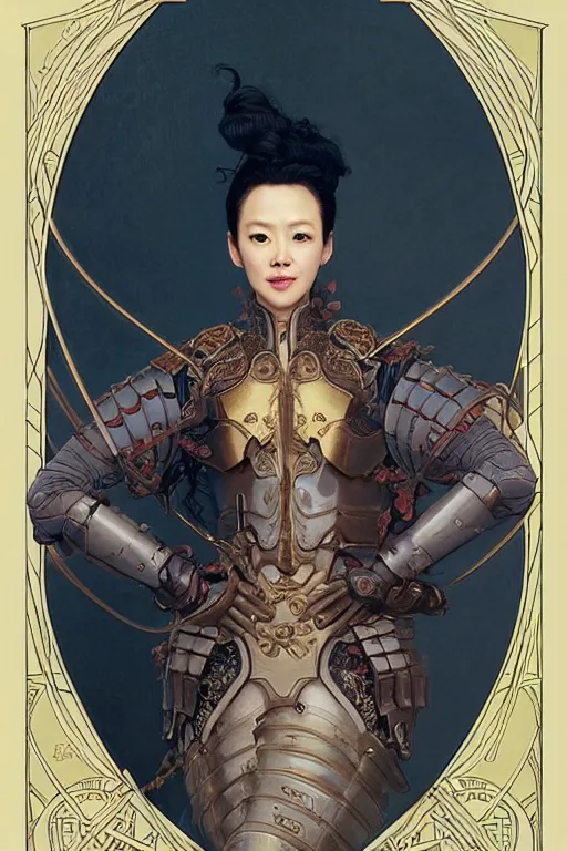 Image similar to head and shoulders portrait of zhang ziyi in armour, by eve ventrue, michael carson, andreas rochas, john watkiss, casey weldon, artgerm. art nouveau. tarot card by mucha. gloomhaven. swirly intricate linework background. gaudy colors, sharp edges. octane render