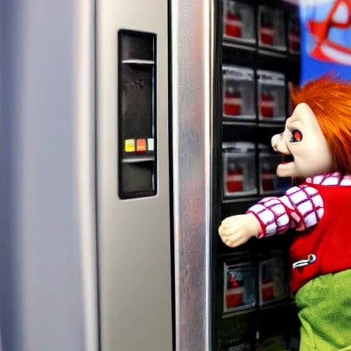 Prompt: tiny screaming chucky doll climbing out of a vending machine