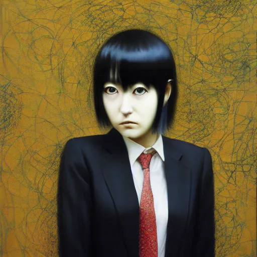 Image similar to yoshitaka amano blurred and dreamy realistic three quarter angle portrait of a young woman with short hair and black eyes wearing office suit with tie, junji ito abstract patterns in the background, satoshi kon anime, noisy film grain effect, highly detailed, renaissance oil painting, weird portrait angle, blurred lost edges