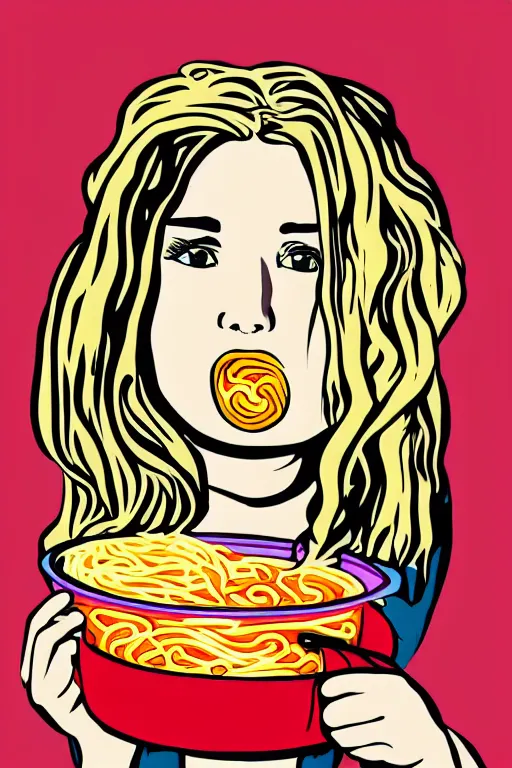 Prompt: a girl eating ramen in the style of modern pop art