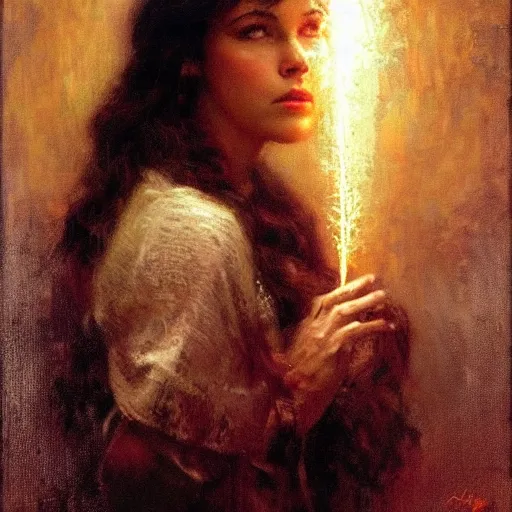 Image similar to a woman with wavy brown hair summons a ball of light into her hands. dramatic. cinematic. holy. saintly. demigod. detailed. sharp. photo realistic. realism. gaston bussiere. phil hale