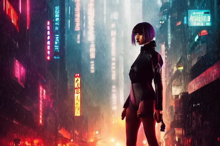 Prompt: 4 k remaster extremely detailed cinematic movie still from blade runner 2 0 4 9 of a japanese cyborg warrior princess in the street, megabuildings, face by artgerm, cyber noir, bokeh, denis villeneuve, rich colors, night, road