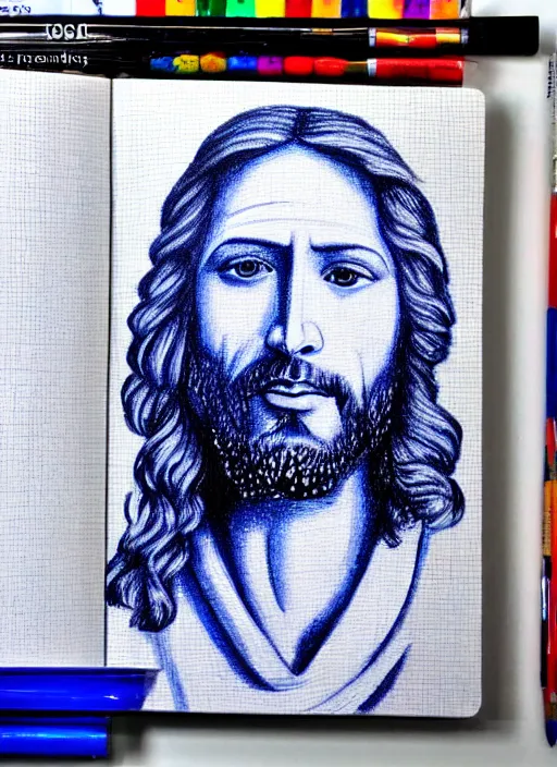 Image similar to painting of jesus drawn with blue pen on checkered notebook sheets,