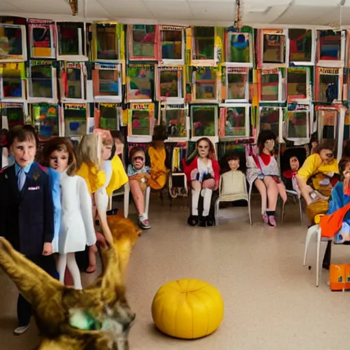 Prompt: a cool school reception, wes anderson style