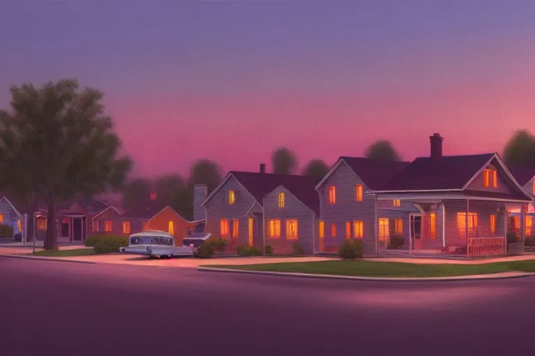 Image similar to a detailed cinematic render of a utopian 1 9 5 0 s american neighborhood at sunset by steven outram, photoreal, 4 k, technicolor