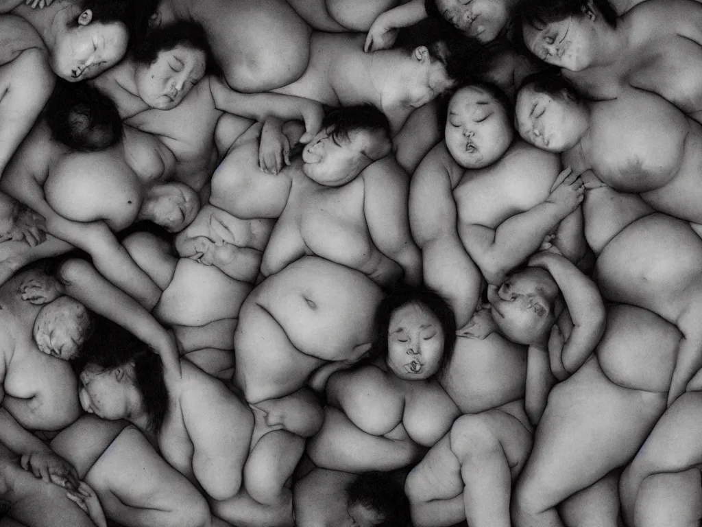 Image similar to a group of fat human bodies intertwined, dense fog, in the style of nobuyoshi araki and klimt,