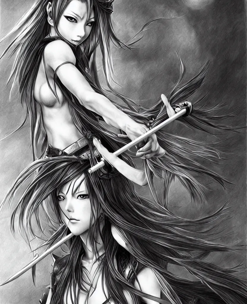 Image similar to hyper - realistic pencil drawing of a fantasy warrior anime woman withwith long hair twirling, very exaggerated fisheye perspective, art by shinichi sakamoto