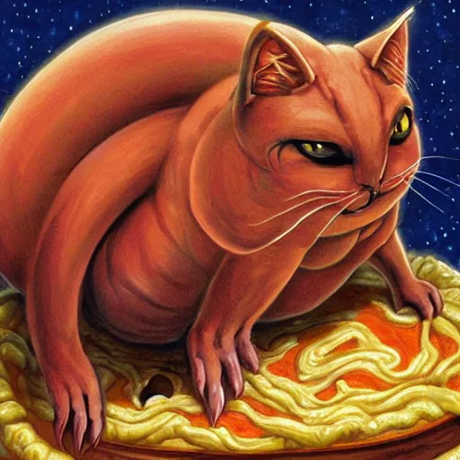 Image similar to painting of an eldritch alien cat creature that looks like garfield, eating lasagna, in the style of wayne barlowe