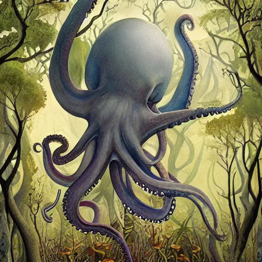 Image similar to a painting of an octopus in the woods, a storybook illustration by Daniel Merriam, featured on deviantart, fantasy art, lovecraftian, storybook illustration, biomorphic