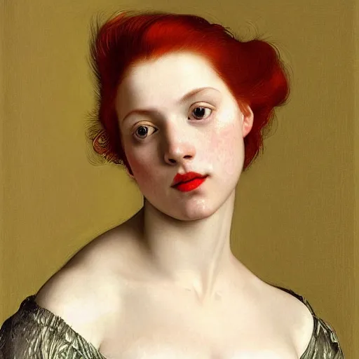 Image similar to a highly detailed portrait, red haired young woman, gorgeous dress with intricate details, long hair, green eyes, hint of freckles, round gentle face, cheeky smile with red lips, deep focus, smooth, sharp, golden ratio, elegant, digital painting by artemisia lomi gentileschi, caravaggio and artgerm