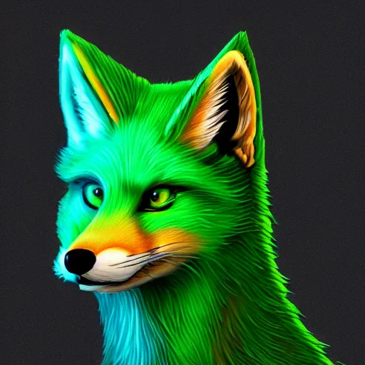 Prompt: digital green fox, retrowave green palette, digital green world, highly detailed, electric breeze, anatomically correct green vulpine, synth feel, fluffy face, ear floof, flowing fur, super realism, accurate animal imagery, 4 k digital art