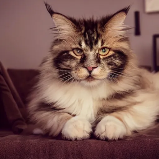 Image similar to very cute huge giant large calico main coon on tiny bed, stunning eyes, top-down perspective, cinematic lighting, award winning creature photography