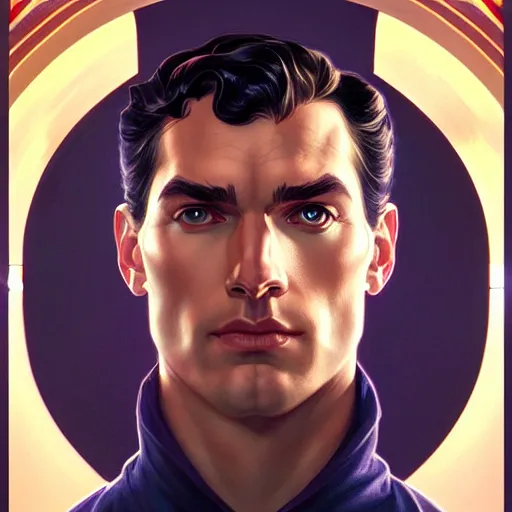 Image similar to symmetry!! front - faced portrait of superman, intricate, elegant, highly detailed, my rendition, digital painting, artstation, concept art, smooth, sharp focus, illustration, art by artgerm and greg rutkowski and alphonse mucha